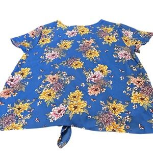 Pink Rose Vintage Floral Tie Front Blouse Medium Blue Short Sleeve Top Boho